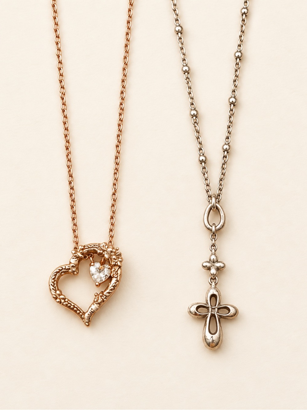 Folli Follie 925 Sterling Silver Heart & Cross Necklace Set of 2 - Picture 2 of 16